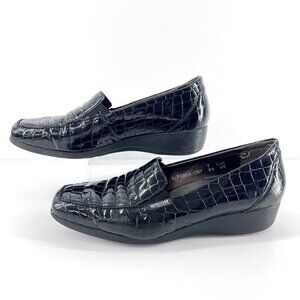 Mephisto Celka‎ Croc Emboss Patent Black Leather Wedge Slip On Loafers Size 9.5